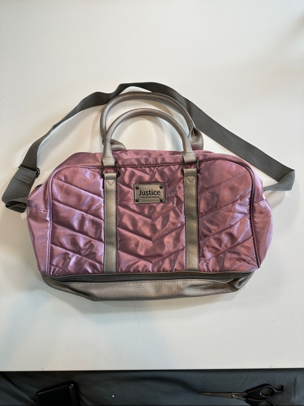Justice Metallic Pink Quilted Travel Tote with Gray Trim